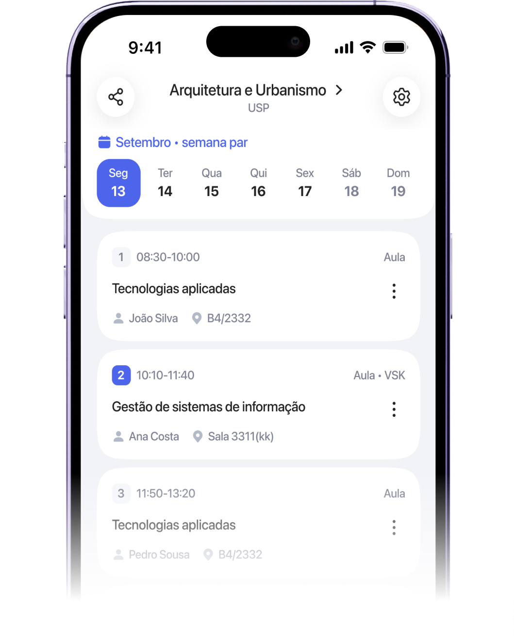 Horário da turma no app Campus